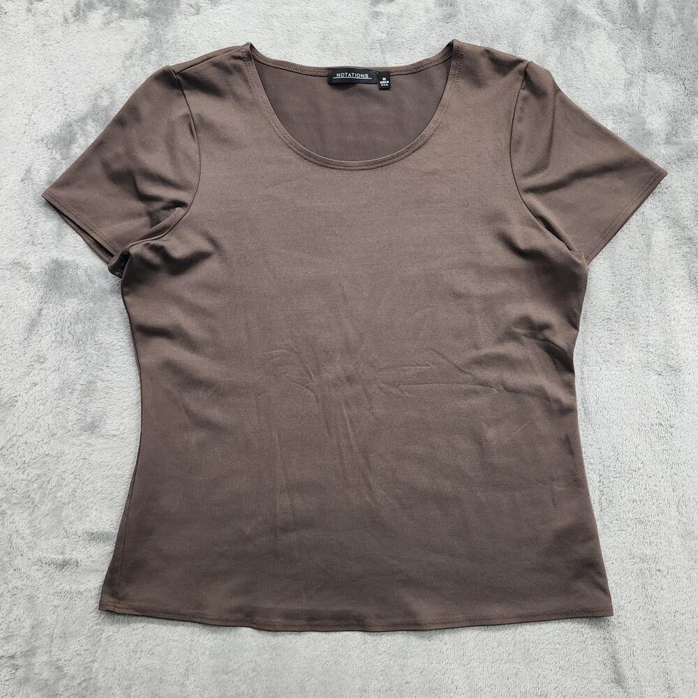 Vintage Notations Top Womens M Brown Stretch Nylon Scoop Neck Short Sleeve Tee